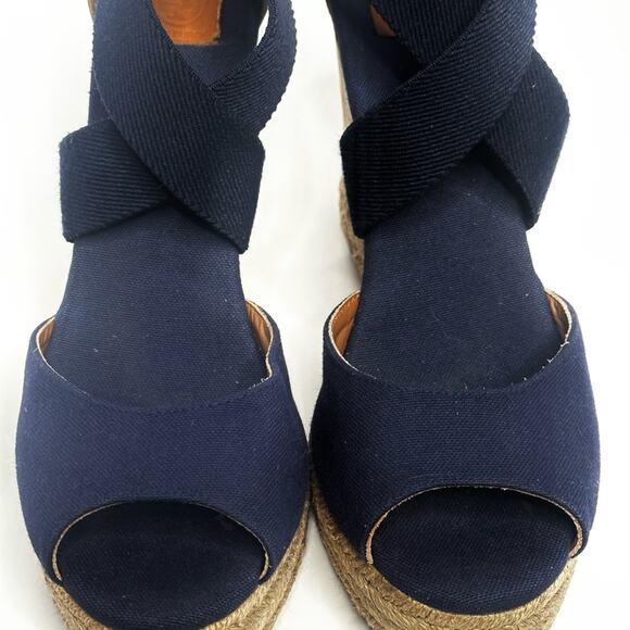 TORY BURCH Navy 2 Stretch Strap Canvas Navy Peep Toe Wedge Espadrille US 10M - Picture 11 of 16